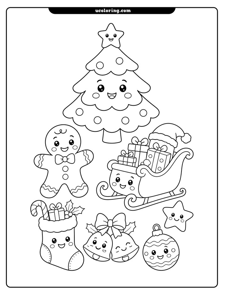 Smiling Christmas tree, gingerbread man, sleigh, stocking, bells, star, and ornament coloring page