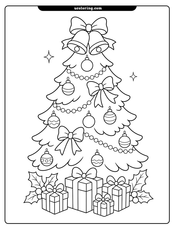 A decorated Christmas tree with bells, gifts, holly, berries, and sparkles coloring page