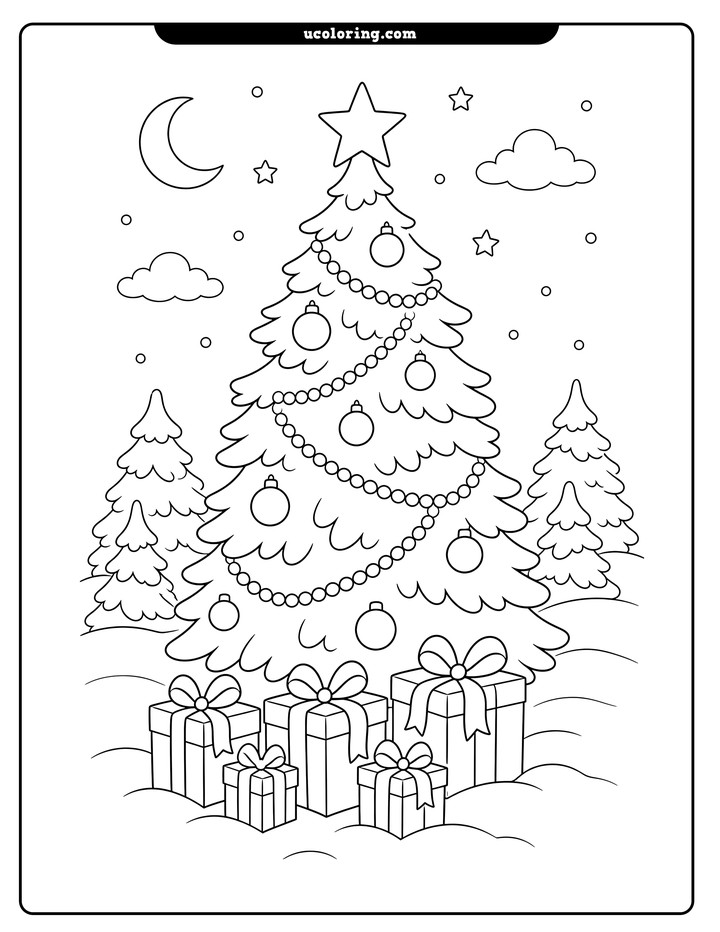 A decorated Christmas tree with gifts, snowy pine trees, moon, clouds, stars, and falling snow coloring page