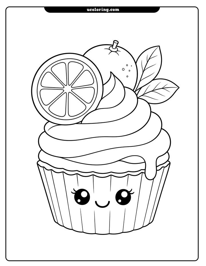 A smiling citrus cupcake with spiral frosting, a sliced citrus wheel, whole fruit, and leaves coloring page