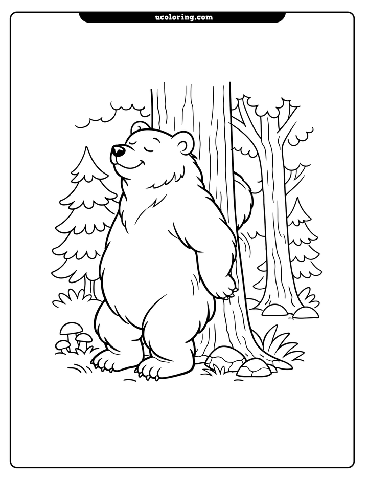 Contented bear scratching its back against a tree in a forest