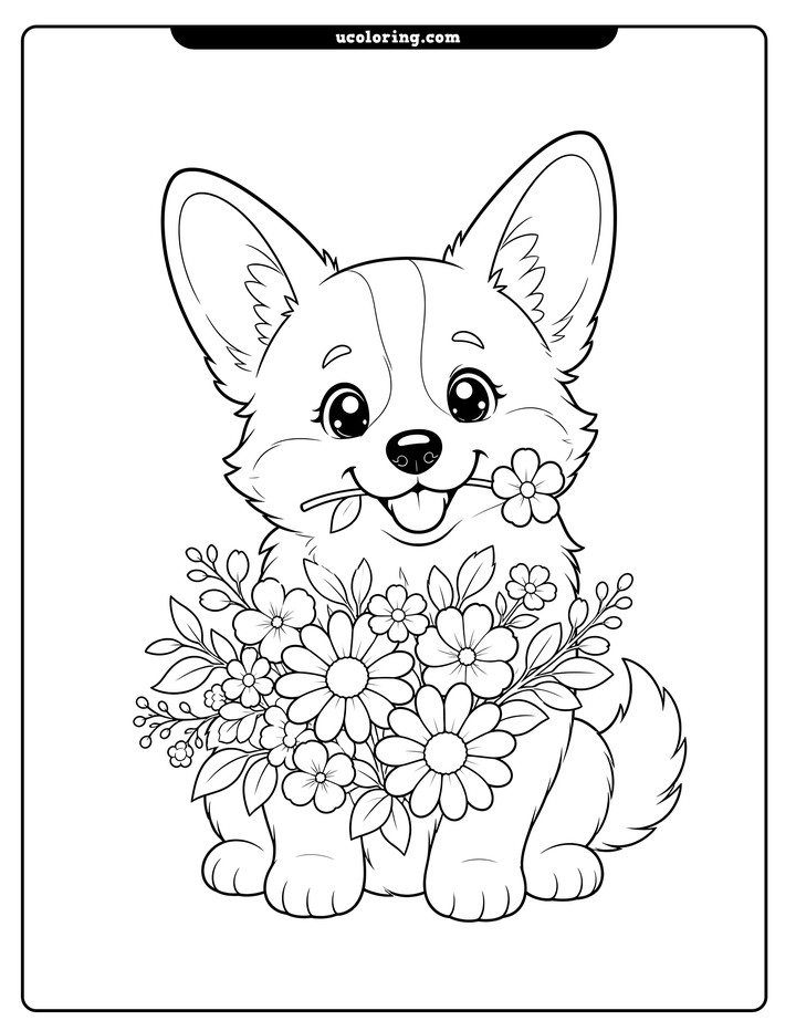 Centered corgi puppy holding a flower, with a bouquet across its paws and chest coloring page