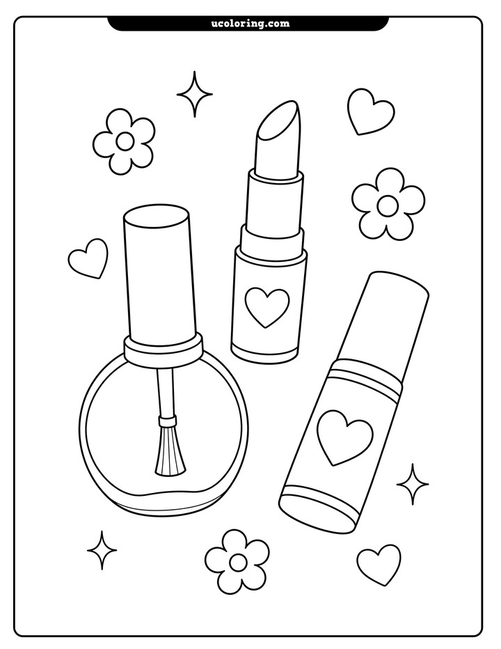 Lipstick, nail polish, a diagonal cosmetic item, hearts, flowers, and sparkle stars coloring page