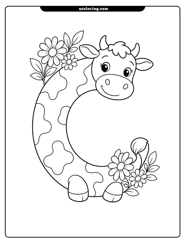 Friendly cow curled into a capital C with daisies and leaves coloring page