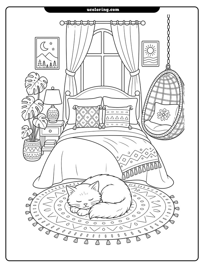 Cozy boho bedroom with a sleeping cat, bed, arched window, plant, lamp, and hanging chair coloring page
