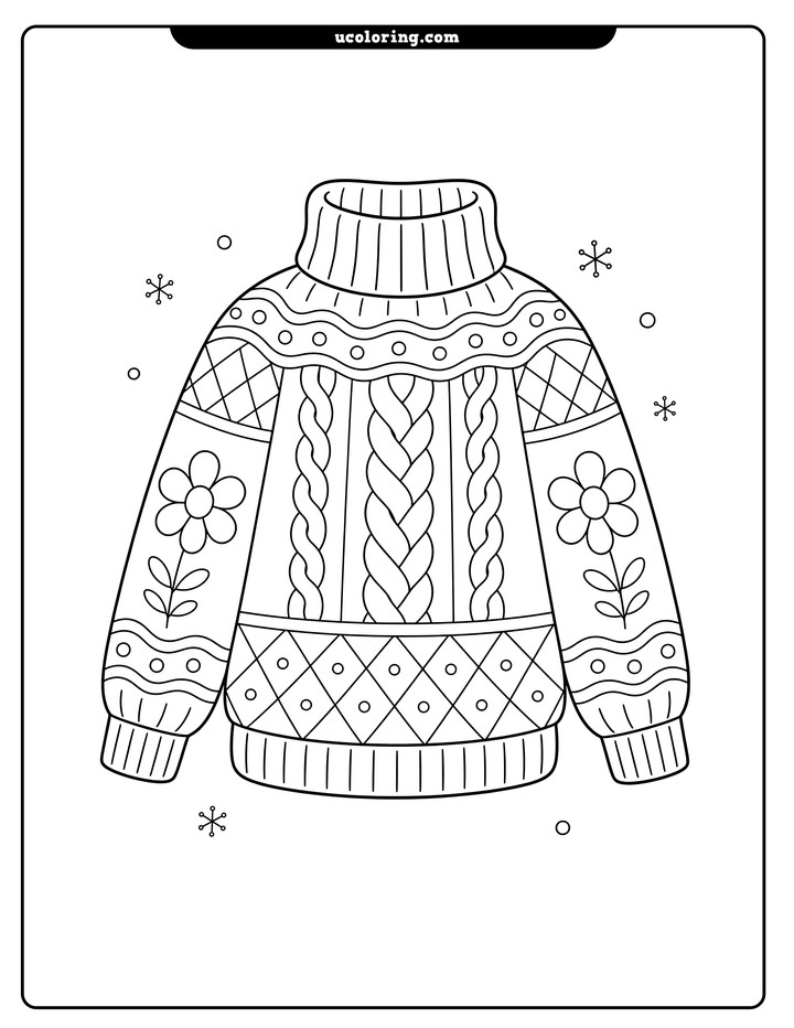 Front-facing knitted turtleneck sweater with cable braids, lattice patterns, and flower sleeve motifs coloring page