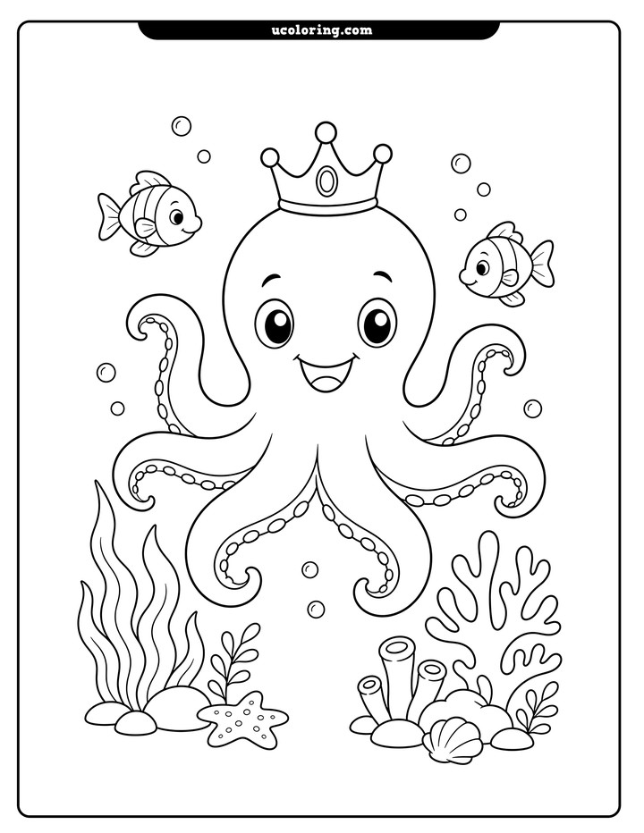 A happy crowned octopus with eight curved arms, two fish, underwater plants, and coral coloring page