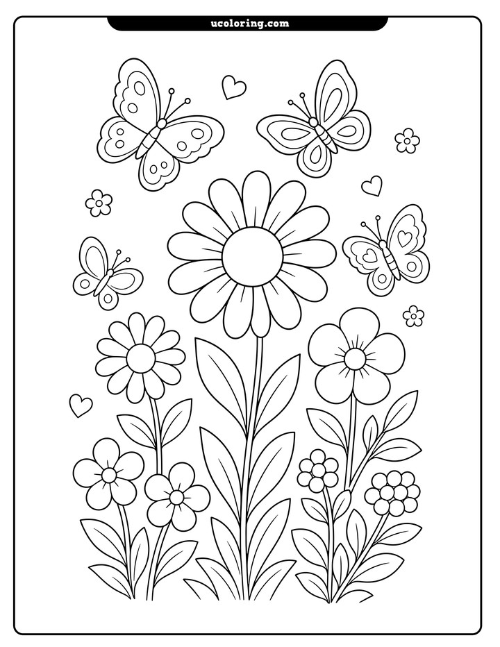 Daisies, blossoms, butterflies, and hearts in a vertical flower garden coloring page