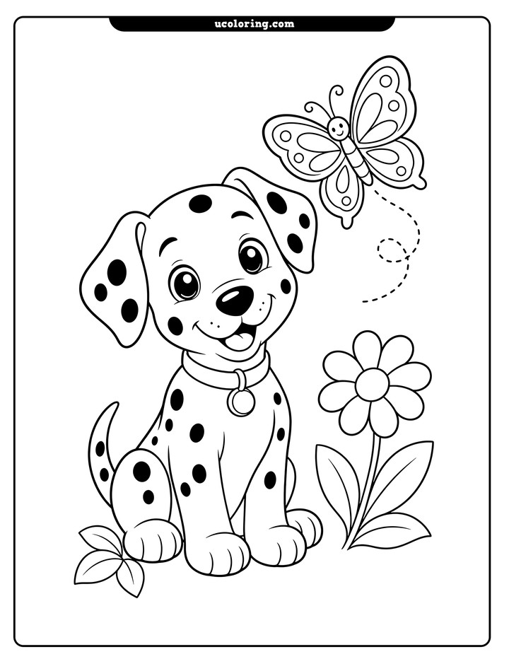 Happy Dalmatian puppy with a butterfly, daisy-like flower, and leaves coloring page