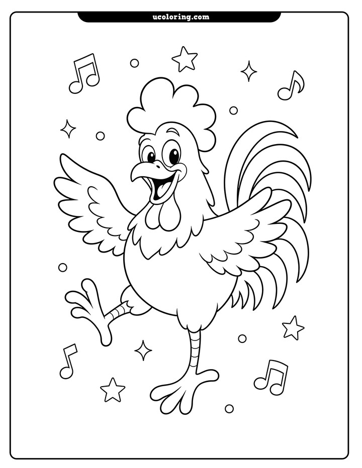 A playful dancing rooster surrounded by musical notes, stars, sparkles, and circles coloring page