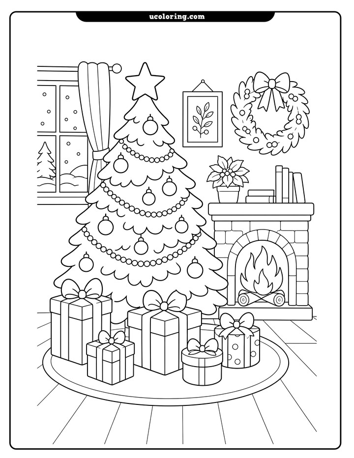 Decorated Christmas tree with presents beside a fireplace in a winter living room coloring page