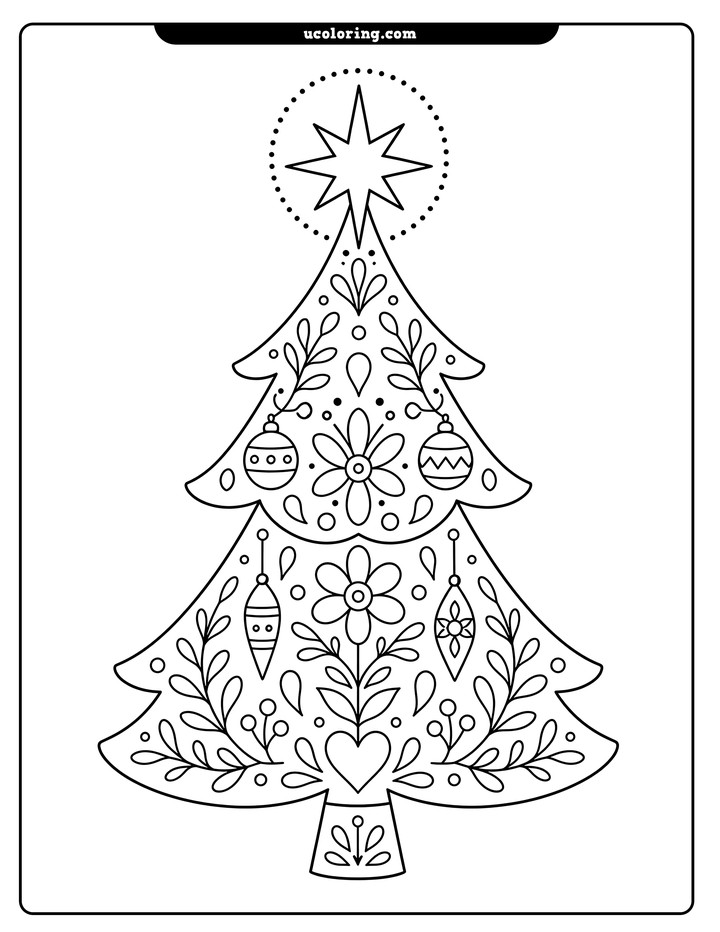 A patterned Christmas tree with a star and dotted circular halo coloring page