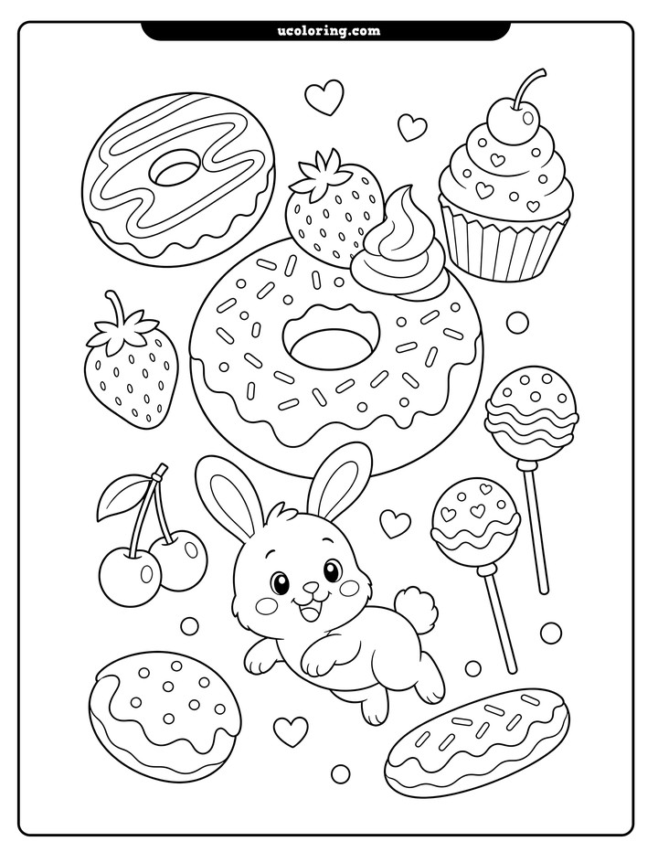Cheerful bunny, donuts, fruit, pastries, and cake pops in bold outlined coloring page