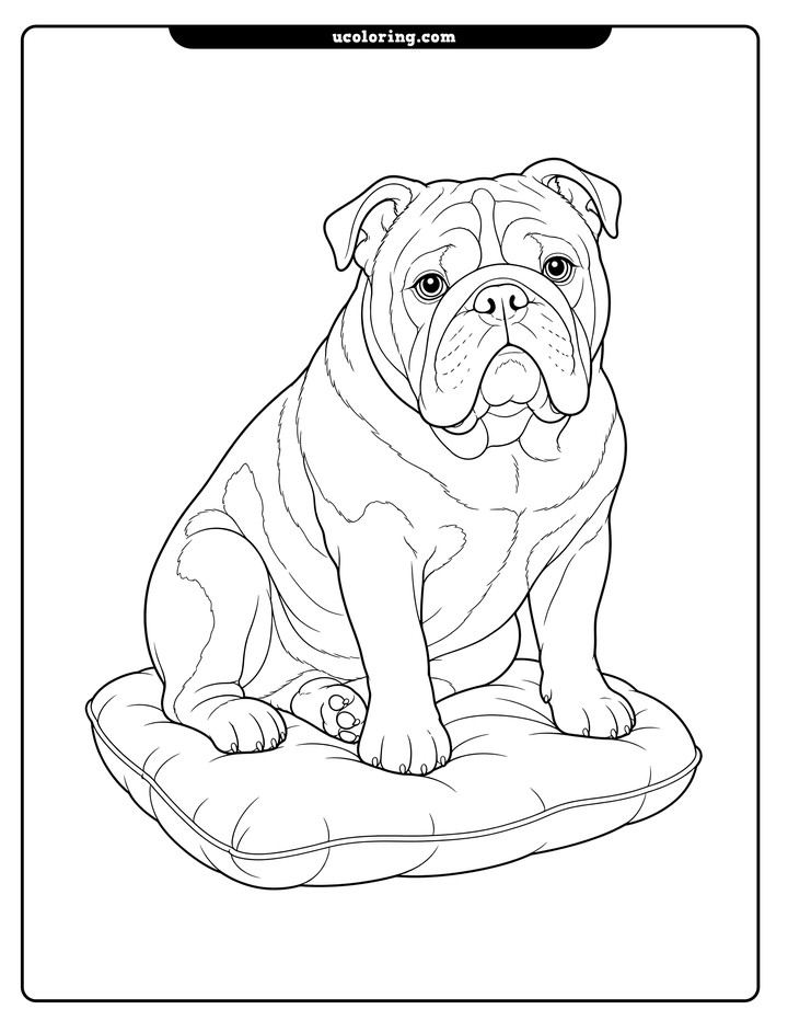 A dignified English bulldog sitting on a softly folded cushion coloring page