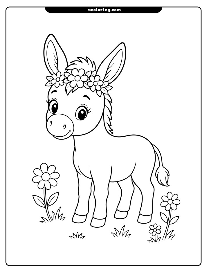 A rounded donkey with upright ears and a flower crown, surrounded by simple flowers and grass tufts coloring page