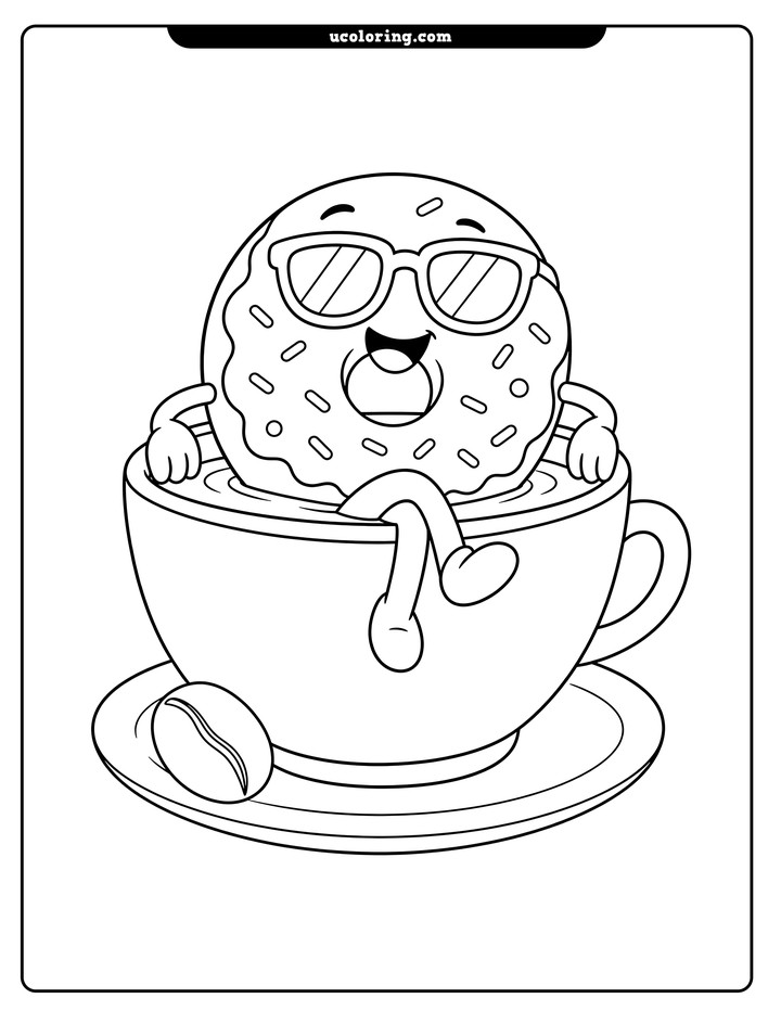 A smiling frosted donut in sunglasses sits partly submerged in a coffee cup with a saucer and coffee bean coloring page