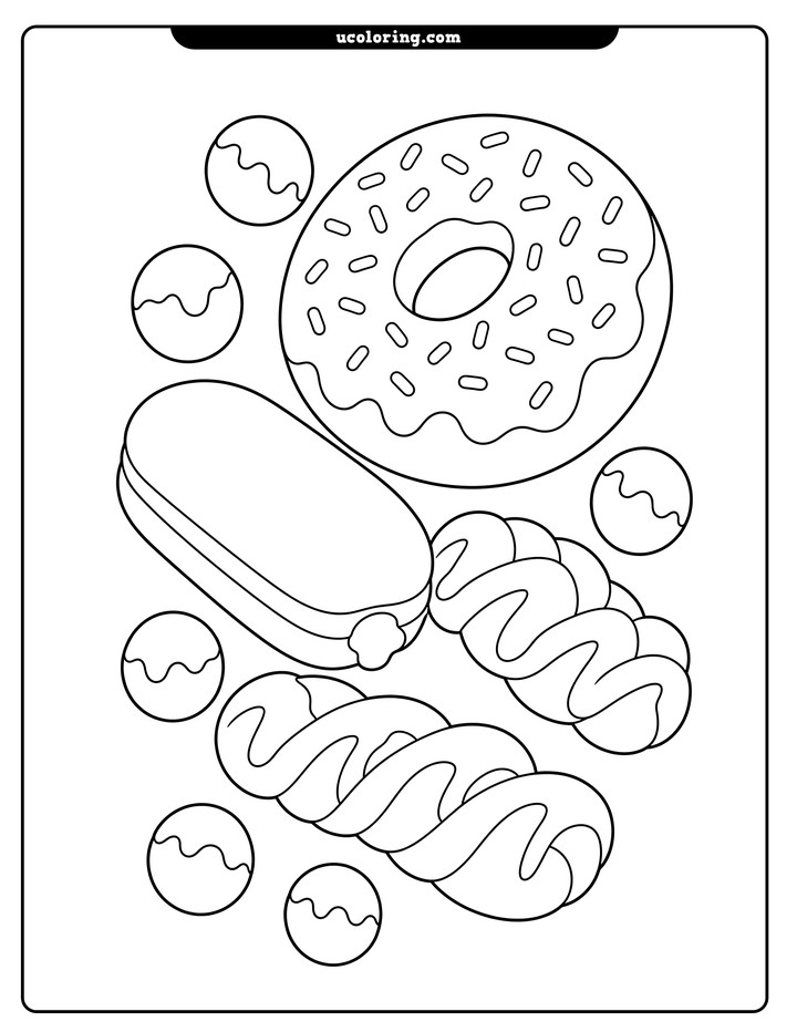 A large frosted sprinkle donut with donut holes, a jelly-filled donut, and twisted pastries in a diagonal cluster coloring page