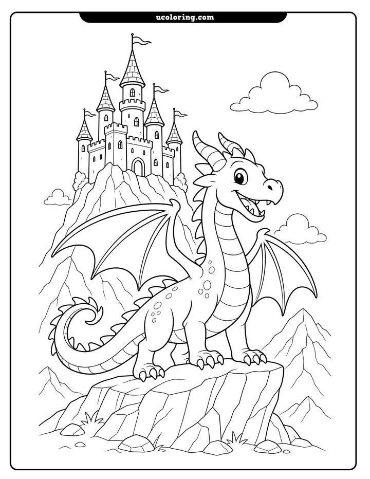 Friendly dragon on a mountain ledge beneath a turreted castle coloring page