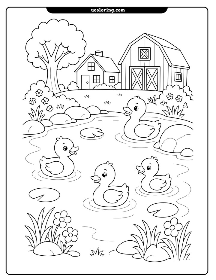 Four cute ducks swim in a farm pond with lily pads, rocks, a farmhouse, barn, and leafy tree coloring page