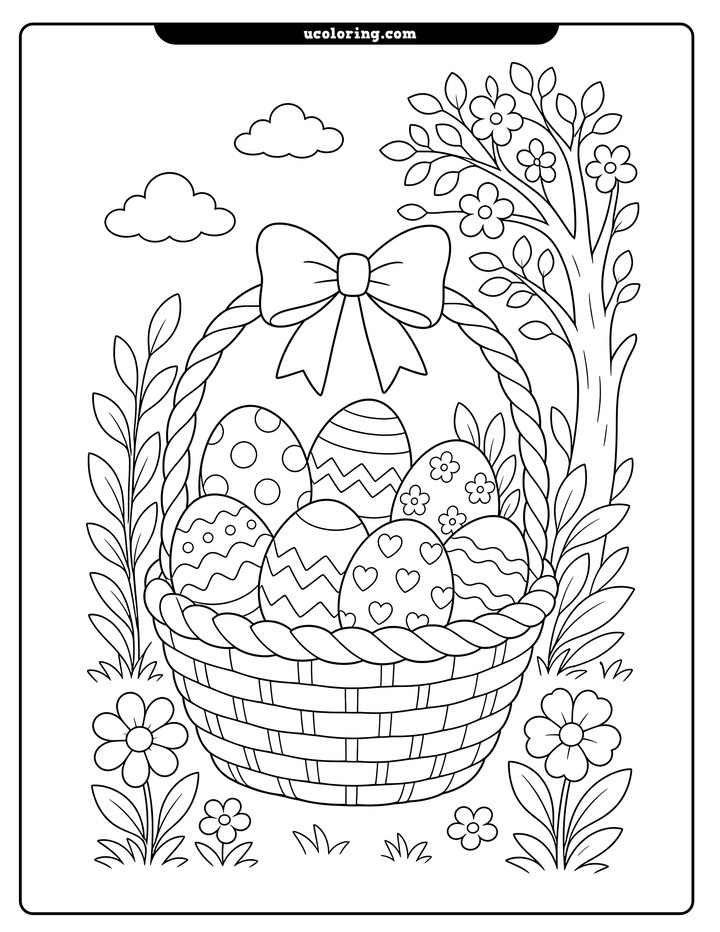 A woven Easter basket with patterned eggs, plants, flowers, a tree, and clouds coloring page