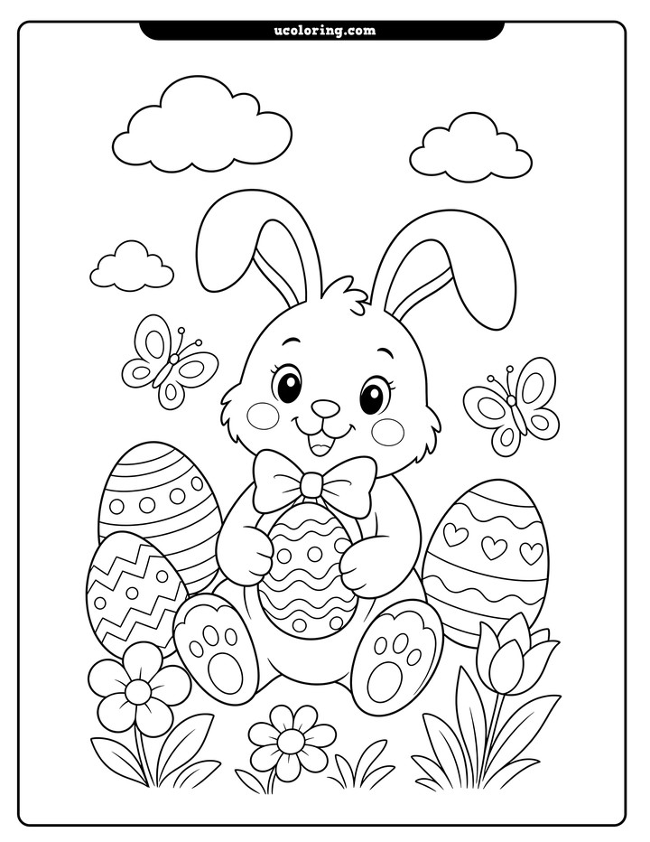 Easter bunny with a bow tie holding a decorated egg, surrounded by eggs, flowers, butterflies, and clouds coloring page