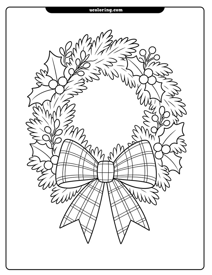 Evergreen wreath with pine sprigs, holly leaves, berries, winter foliage, and a plaid ribbon bow coloring page