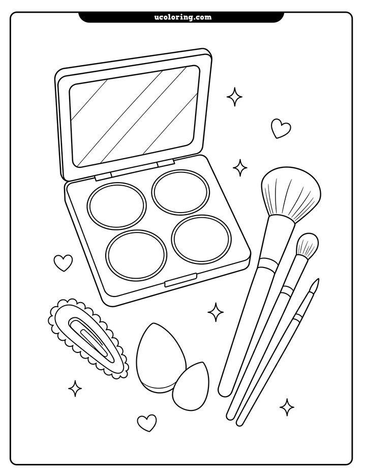 Open eyeshadow palette with brushes, a hair clip, and two makeup sponges coloring page