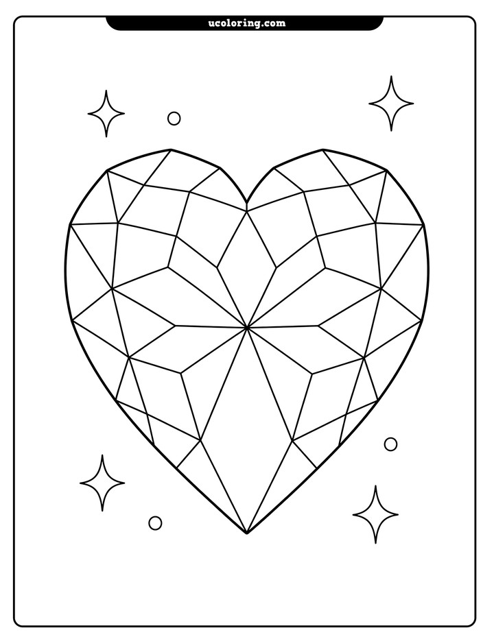 Centered heart-shaped gem with bold geometric facets and open white space coloring page