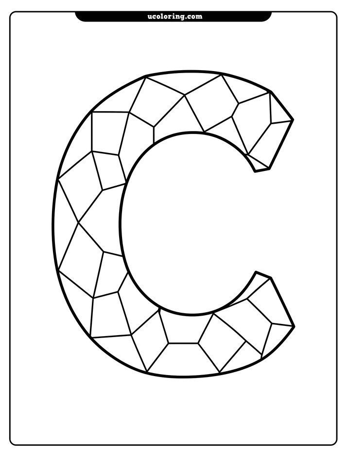 A large letter “C” filled with geometric polygon facets on a plain background coloring page