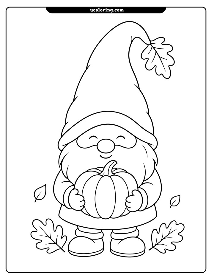 A fall gnome in a tall pointed hat holds a round pumpkin, with an oak leaf near the hat tip coloring page