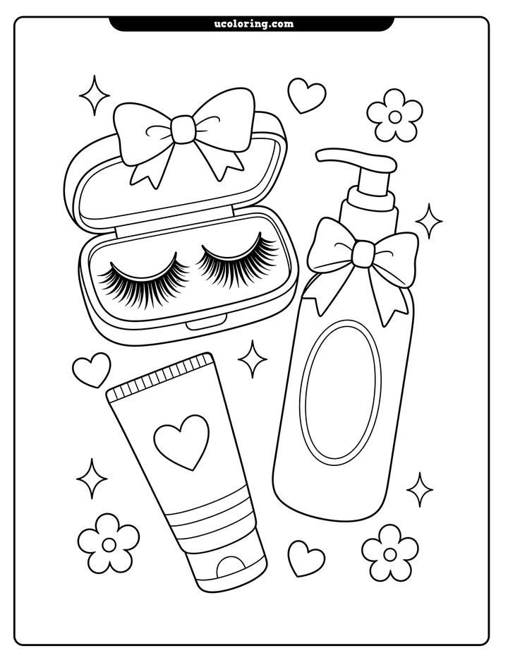False eyelashes, an eyelash case, facial lotion pump bottle, and cream tube with bows, hearts, flowers, and sparkles coloring page
