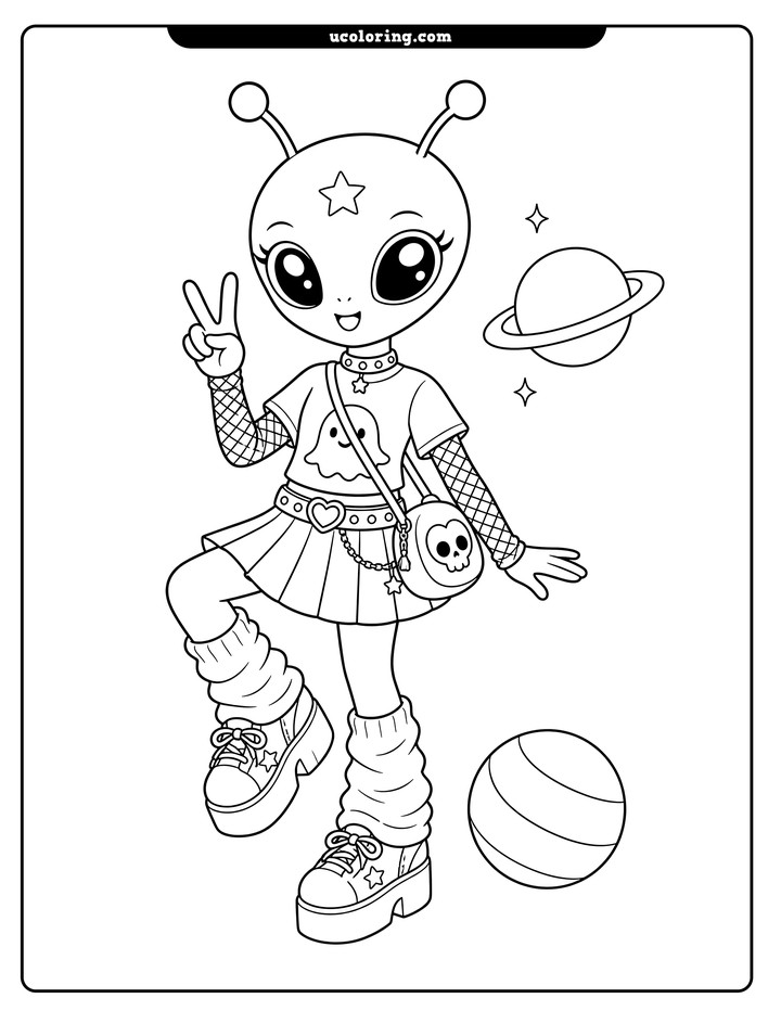 Fashionable alien in a mid-step pose with a ringed planet and striped ball coloring page