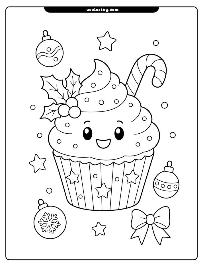 A festive cupcake with smiling swirled frosting, candy cane, holly, ornaments, and confetti coloring page