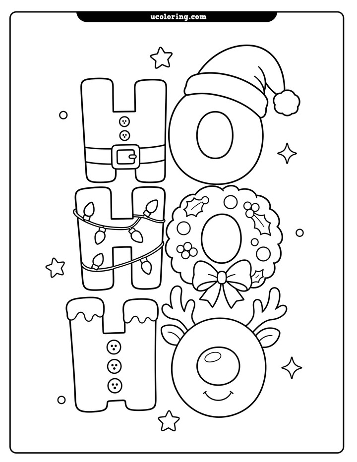 Stacked “HO HO HO” letters decorated with a Santa hat, wreath, antlers, buttons, belt buckle, and string lights coloring page