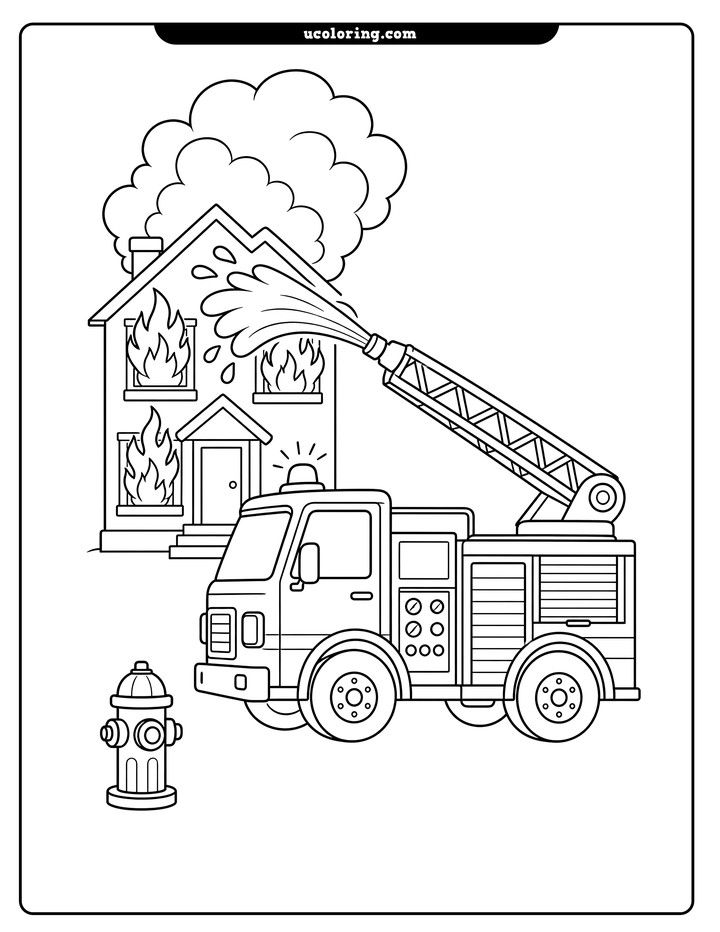 Side-view fire truck sprays water from an extended ladder toward a burning two-story house with smoke clouds coloring page
