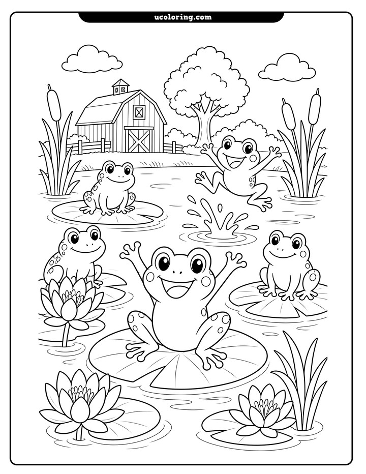 Five round-eyed frogs on lily pads in a farm pond with flowers, cattails, a barn, tree, and clouds coloring page