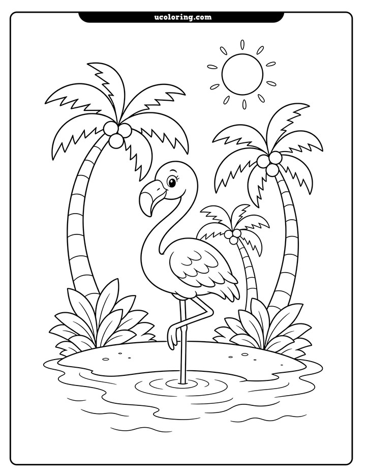 Cheerful flamingo standing on one leg on a tropical island with palm trees, bushes, water, and a sun coloring page
