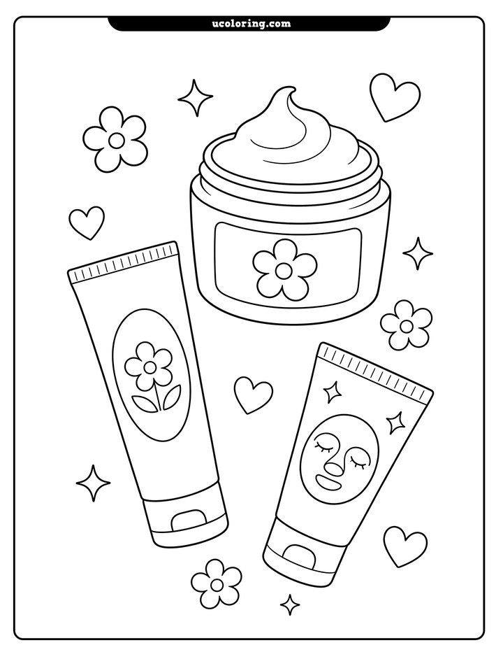 Open face cream jar and two skincare tubes with flowers, hearts, and sparkle stars coloring page