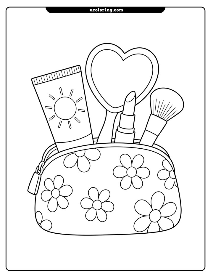 Floral cosmetic bag holding a sun-icon sunscreen tube, heart-shaped mirror, lipstick, and makeup brush coloring page
