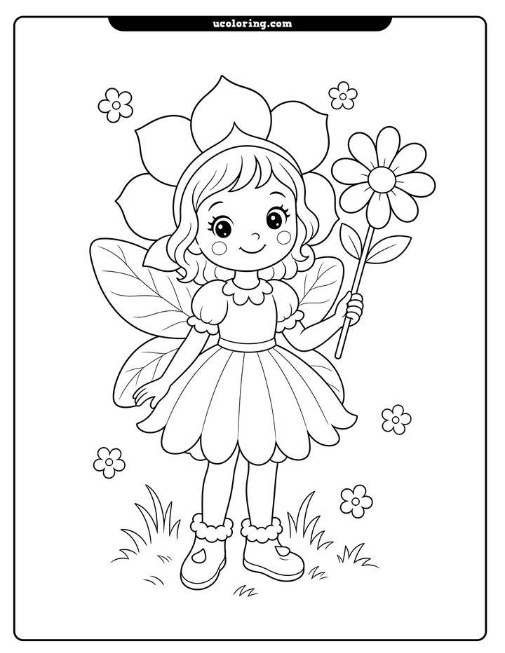 Centered flower fairy girl with leafy wings, a petal hood, and a daisy-topped wand coloring page