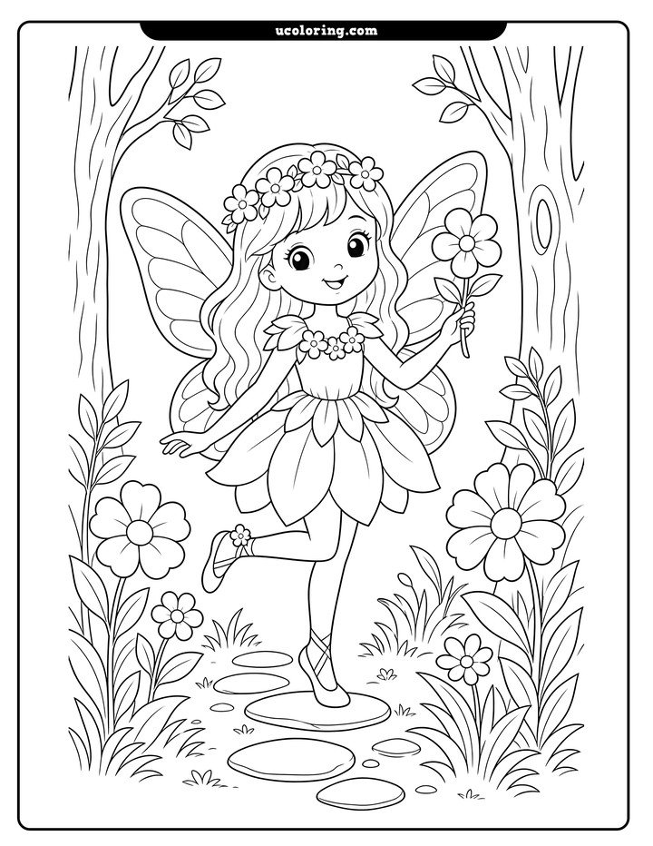 A flower fairy with butterfly-like wings stands in a forest clearing with flowers and stepping stones coloring page