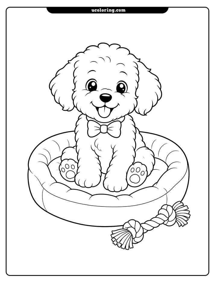 Fluffy puppy with a bow tie sitting in an oval dog bed beside a rope chew toy coloring page