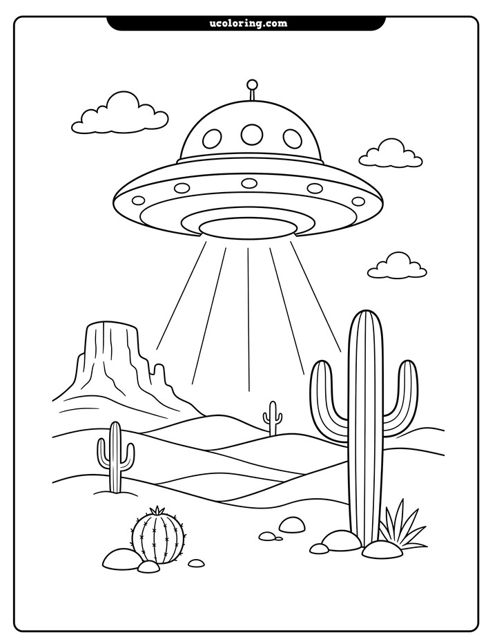 Friendly flying saucer with light beams hovering over desert dunes, cacti, rocks, a mesa, and clouds coloring page