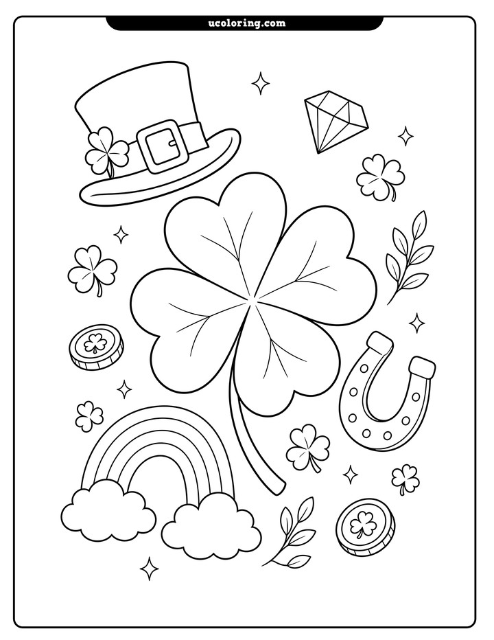 Large four-leaf shamrock surrounded by a leprechaun hat, horseshoe, rainbow, clouds, coins, and clover accents coloring page