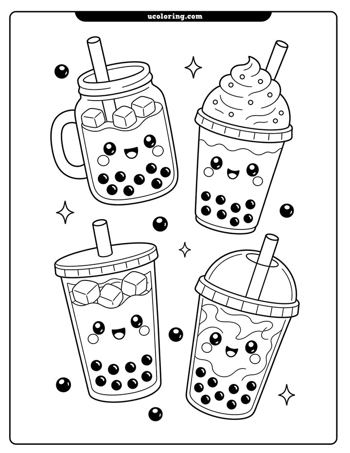 Four floating bubble tea drinks with straws, tapioca pearls, ice cubes, and sparkles on a coloring page