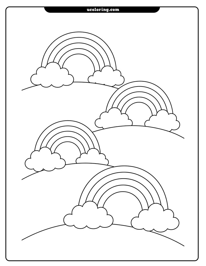 Four rainbows rising from rounded clouds across gentle rolling hills coloring page