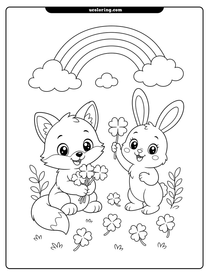 A baby fox and upright bunny hold four-leaf clovers beneath a rainbow and clouds coloring page