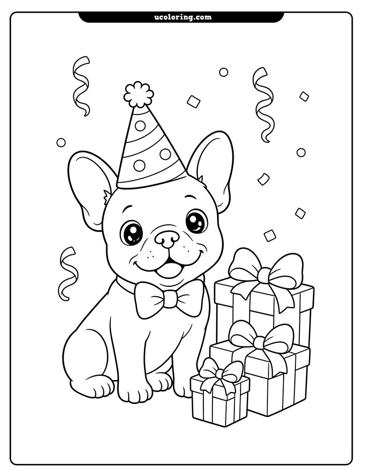 French bulldog puppy in a party hat beside wrapped birthday presents coloring page