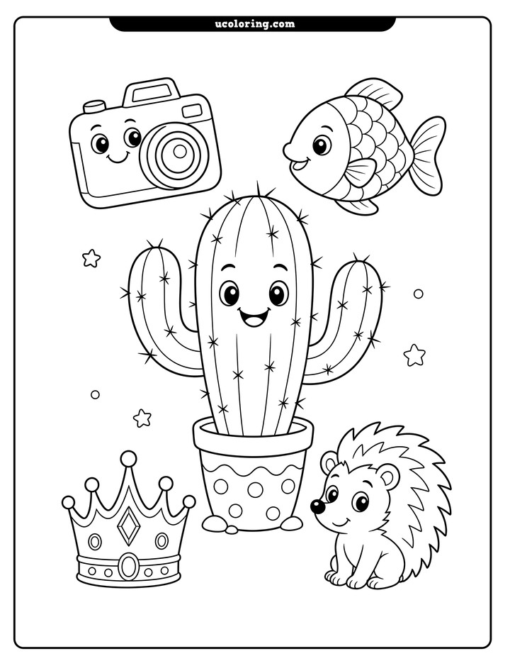 A friendly cactus surrounded by a camera, fish, crown, and hedgehog coloring page