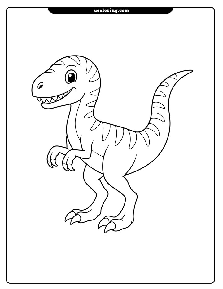 Friendly cartoon velociraptor in left-facing side view with stripes, claws, and an upward-curving tail coloring page